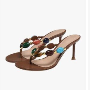miss left Brown Jewelled Open Toe Flip Flop Thin High Heel Slip on Thong Sandals